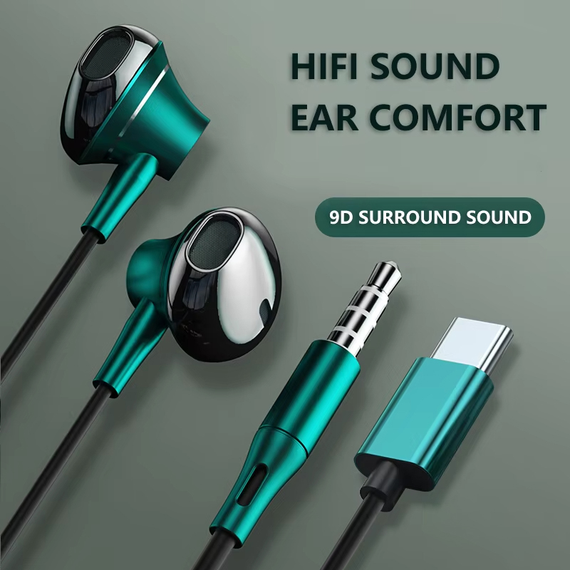 Audiophile Headphone Wired - 9D低音ステレオType-Cおよび3.5mmヘッドフォン、音量調節機能付きヘッドセット、HDマイク付き有線イヤホン、Readme Xiaomi Galaxyイヤホン用
